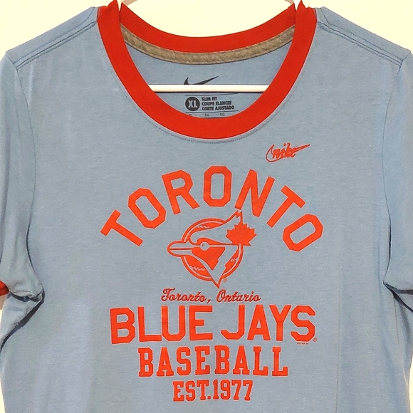Nike Toronto Blue Jays Slim Fit Blue & Red SS Graphic Ringer T-shirt VGUC Sz. XL - Picture 2 of 5